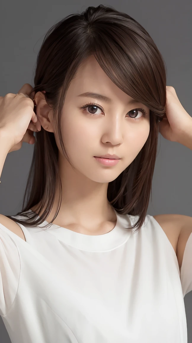 (best quality, head of&#39;artwork), 1fille, belle fille, brun_eyes, ((hairs color [Silver hairs], [coupe lutin avec frange] hairs)), loops of&#39;ears, lips, manches courtes,realistic, slender waist, charmant, colorful makeup, long cils, peau claire, (mignon), (detailed face), détailed eyes, détailed iris, 