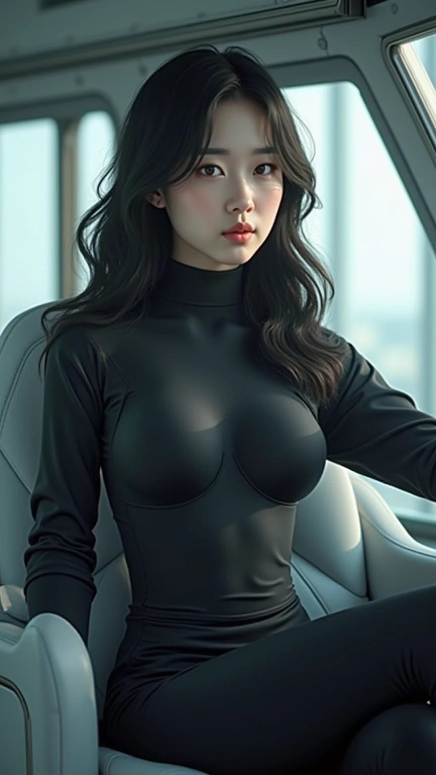 Vogue style photo shoot (Phil Borges style) of a 30 years old stunningly beautiful Korean popstar in short wavy hair, silky black hair, clean shaved pubic, outdoor, on a cruiser boat (captain seat), detail skin texture, medium breast:1.5, dark tits, saggy breast, medium hips, medium thighs, curvy body, hyper-realistic photography, 8k, close-up, sitting (open legs), seducing pose, touching herself ((playing with herself)), closed eyes, opened mouth, in orgasm