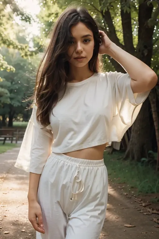 fullbody portrait,beautiful girl,soft pastel colors,ethereal lighting,breezy atmosphere,airy and dreamy mood,sunlight streaming through trees,romantic pose,relaxed shoulders,natural beauty,muted background,film photography feel
