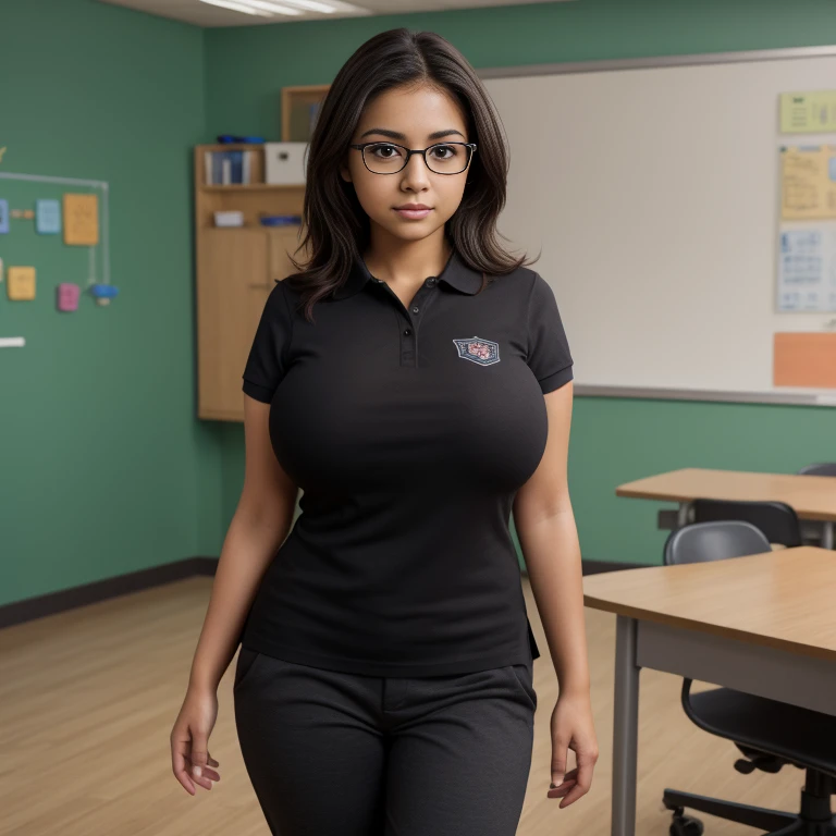 (Muscular:2), (thick thighs:1), (large muscular chest and shoulders:1.5), FEMALE, brown hair, long brown hair, (big smile:1.6), (wearing a tight blue short sleeve Polo shirt and skirt:1.5), looking at viewer, (three quarter view:1.2), upper body view, (school classroom:1.5), dark lighting, detailed skin, detailed eyes, (dark skin:1.3), (huge round muscles:1.6),