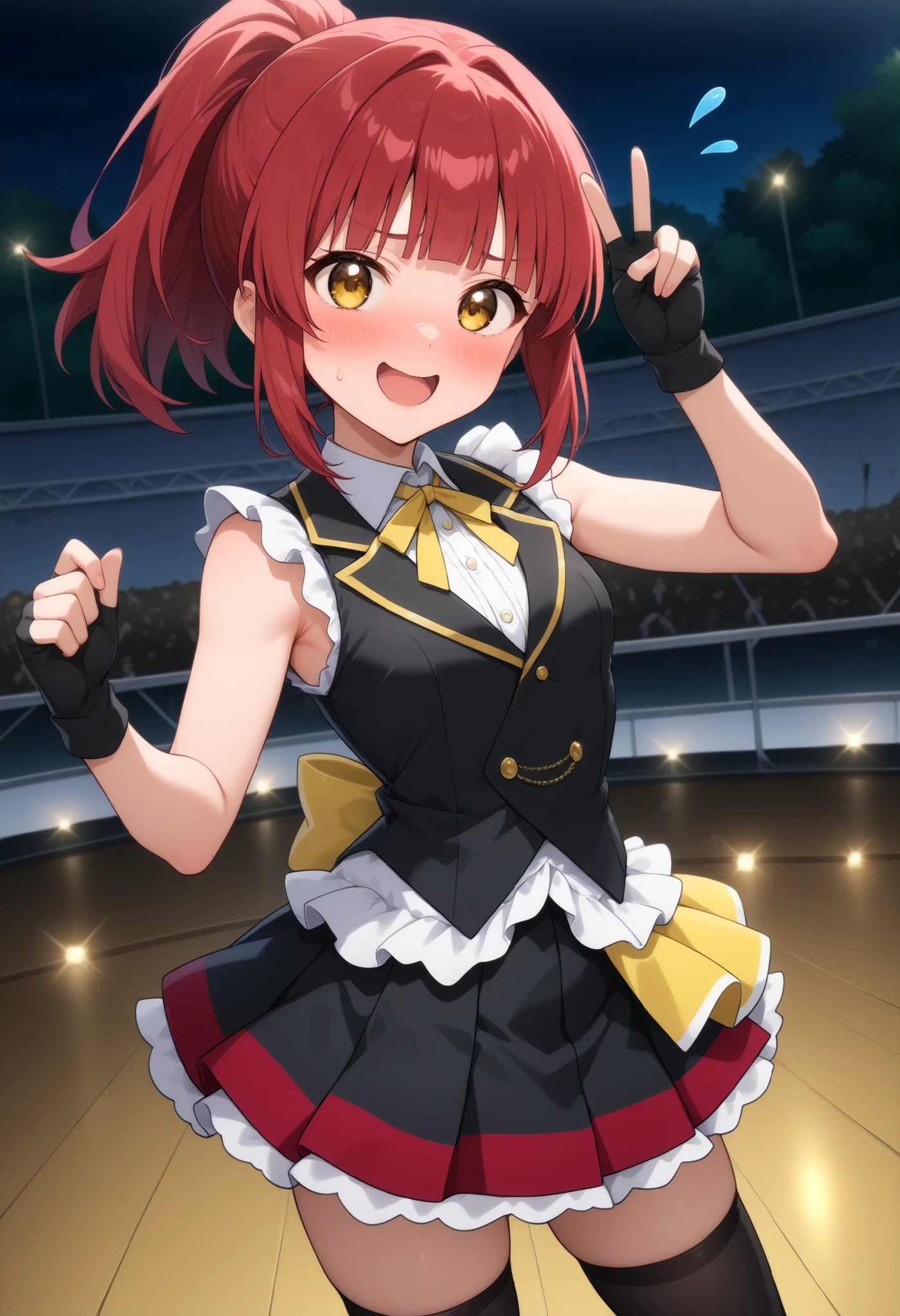 higurashikira, anime screencap, anime coloring, cowboy shot,
1girl, solo, short female, toned female, red hair, medium hair, ponytail, blunt bangs, short sidelocks, yellow eyes, small breasts,
idol clothes, black vest, yellow neck ribbon, white sleeveless blouse, black fingerless gloves, black pleated skirt, black thighhighs socks,
looking at viewer, tsundere, nervous smile, open mouth, blush, v sign, dancing, standing,
outdoors, concert stage, night,
(masterpiece, best quality, absurdres, highres, newest, very awa, year 2024:1.2)