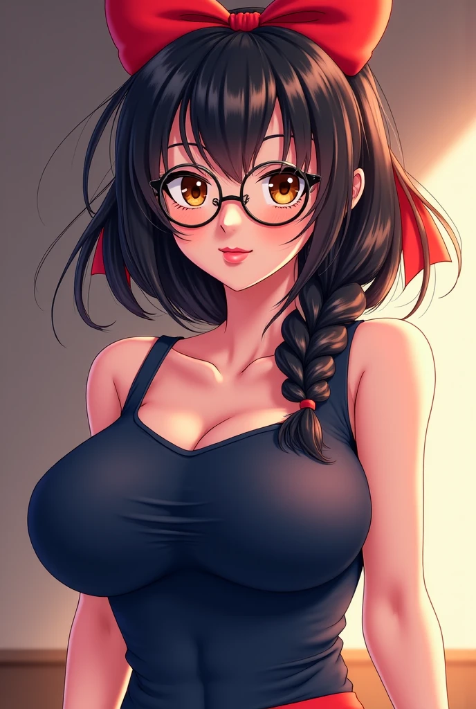 {{{Neon Genesis Evangelion, Mari Illustrious Makinami:1.9}}}, 8k, best quality, ultra-detailed, high resolution, highly detailed CG, clear, top aesthetic, excellent shading, (photorealistic:1.3), high contrast, ultra-fine illustration, shrink rate, beautiful detailed eyes, beautiful detailed skin, realistic skin, beautiful detailed hands, beautiful detailed fingers, beautiful detailed hair, detailed hair strands, beautiful detailed ears, beautiful detailed lips, professional lighting, beautiful detailed background, very realistic background, one girl, 独奏, 25 years old, beautiful woman, (Shiny dark brown hair, Long Hair, Low twin tails), (Wearing red glasses), (She wears a light blue thin hairband.), (Dark Eyes, There is a little green in it), There is cleavage in the chest, Short red skirt, Movement angle,Lip gloss, ((blush)), Room of Xicheng, A look of temptation, Reader model, full body,
