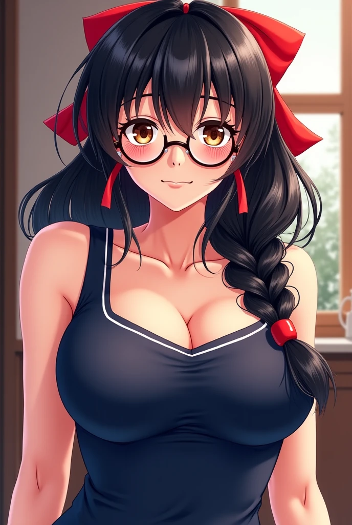 masterpiece, best quality, chisato hasegawa, looking at viewer, large breasts, upper body, portrait, seductive smile, put your hands behind your head, armpits, armpits visible, sweaty armpits, wearing red chinese dress, ponytail hair, wearing glasses
