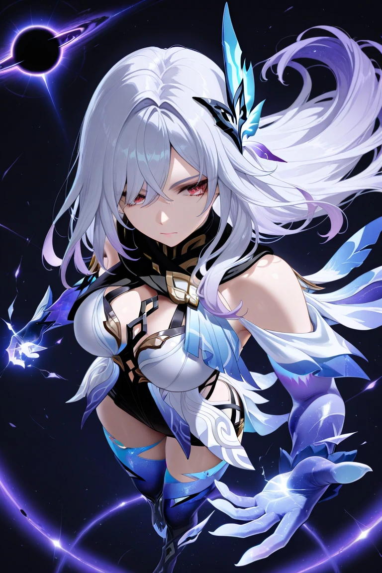 (Masterpiece, Best quality, Ultra-detailed, Best shadow), (Detailed background,Dark fantasy), (Beautiful detailed face), High contrast, (Best illumination, An extremely delicate and beautiful), ((Cinematic light)), Colorful, hyper-detailing, Dramaticlight, Intricate details, (1girll, Solo,White hair, sharpy face,Purple eyes, hair between eye,Dynamic Angle), swirling black light around character, Depth of field,Black light particles,(Broken glass),Magical Circle, Goddess, warrior, full bodyesbian, Armed with a magic sword, woman, cheerfulness, Smile, look at front, fullbody overview, fulll body shot