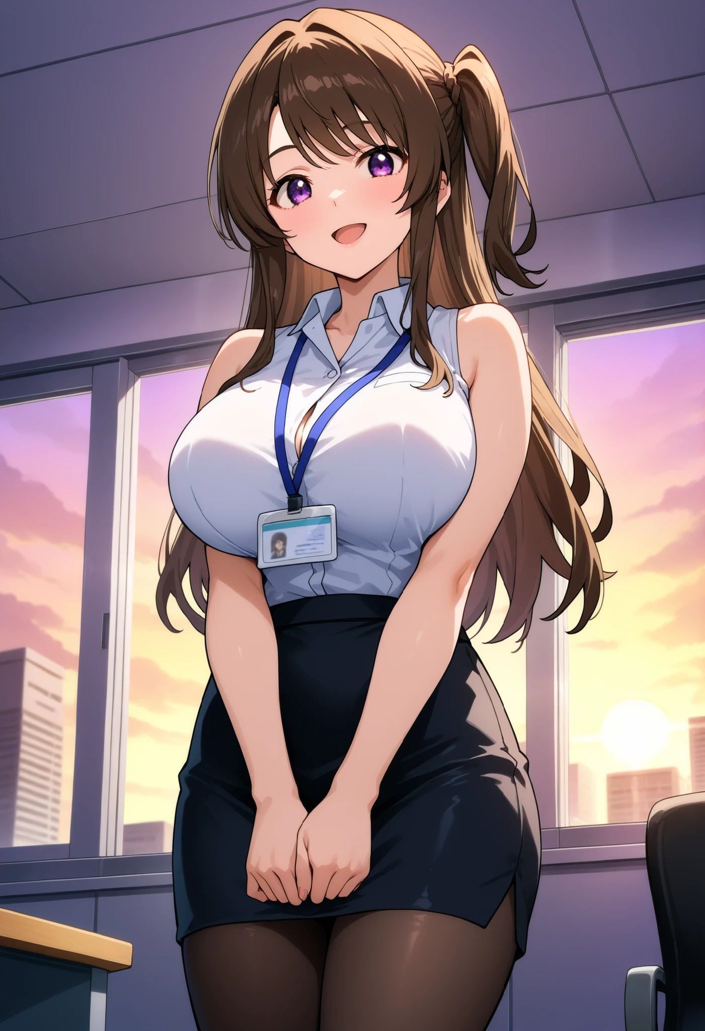 higurashikira, anime screencap, anime coloring, cowboy shot,
1girl, solo, tall female, toned female, brown hair, long hair, one side up, swept bangs, long sidelocks, purple eyes, huge breasts,
office lady, white sleeveless collared shirt, id card, black pencil miniskirt, black pantyhose,
looking at viewer, smile, open mouth, v arms, standing,
indoors, office, sunrise,
(masterpiece, best quality, absurdres, highres, newest, very awa, year 2024:1.2)