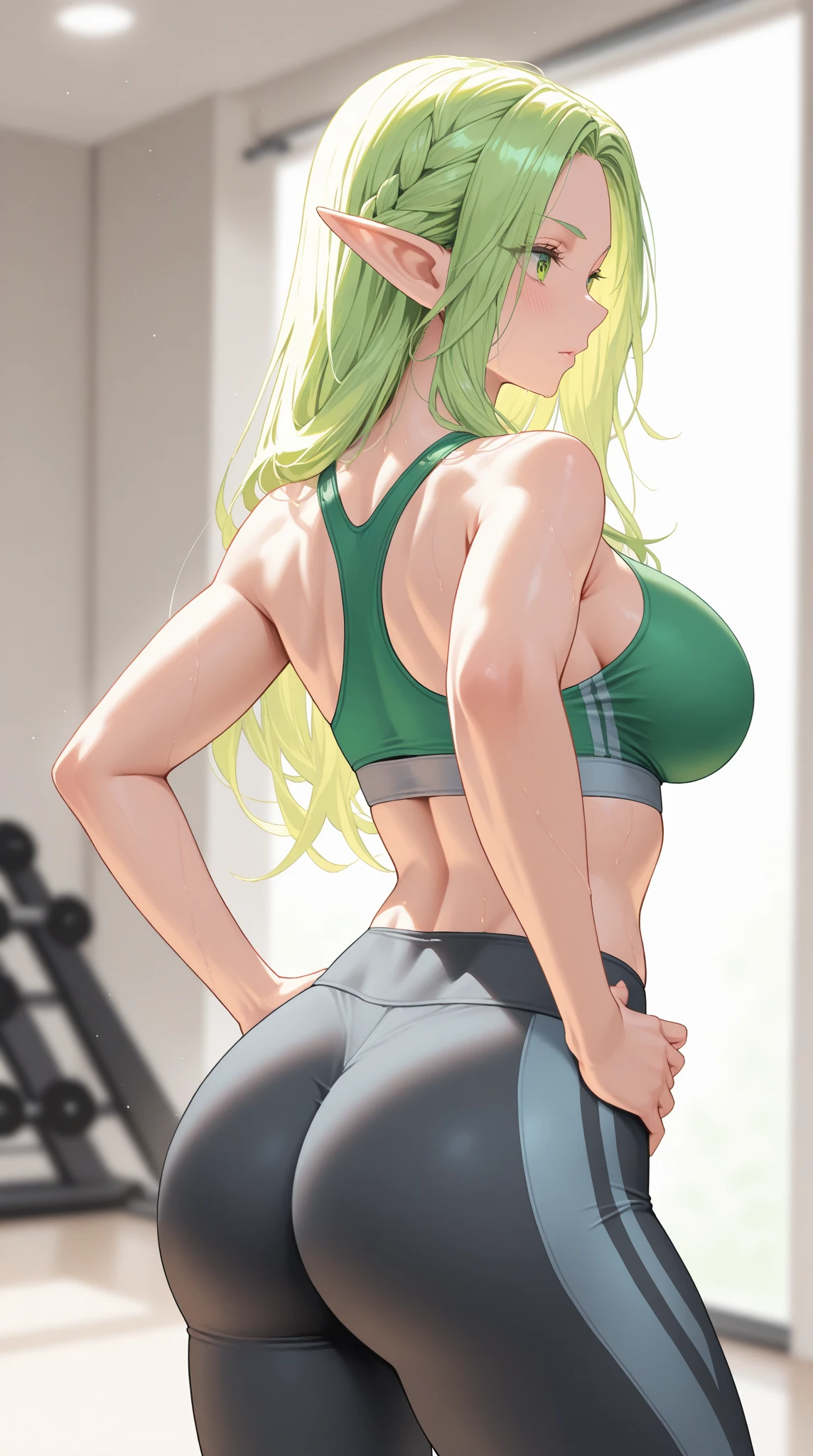 score_9, score_8_up, score_7_up, score_6_up, score_5_up, 1girl, solo, green hair, straight hair, long hair, red eyes, glowing eyes, sultry eyes, juicy lips, plump lips, glossy lips, soft blush, dolly face, eyelashes, eyeliner, large breasts, thick ass, pale skin, black tights, black bralette, sweat, realistic background, gym backgroind, cinematic lightning, very detailed clothes, very detailed face, very detailed eyes, very detailed hair, ultra, best quality, masterpiece, looking at viewer, in love with the viewer.