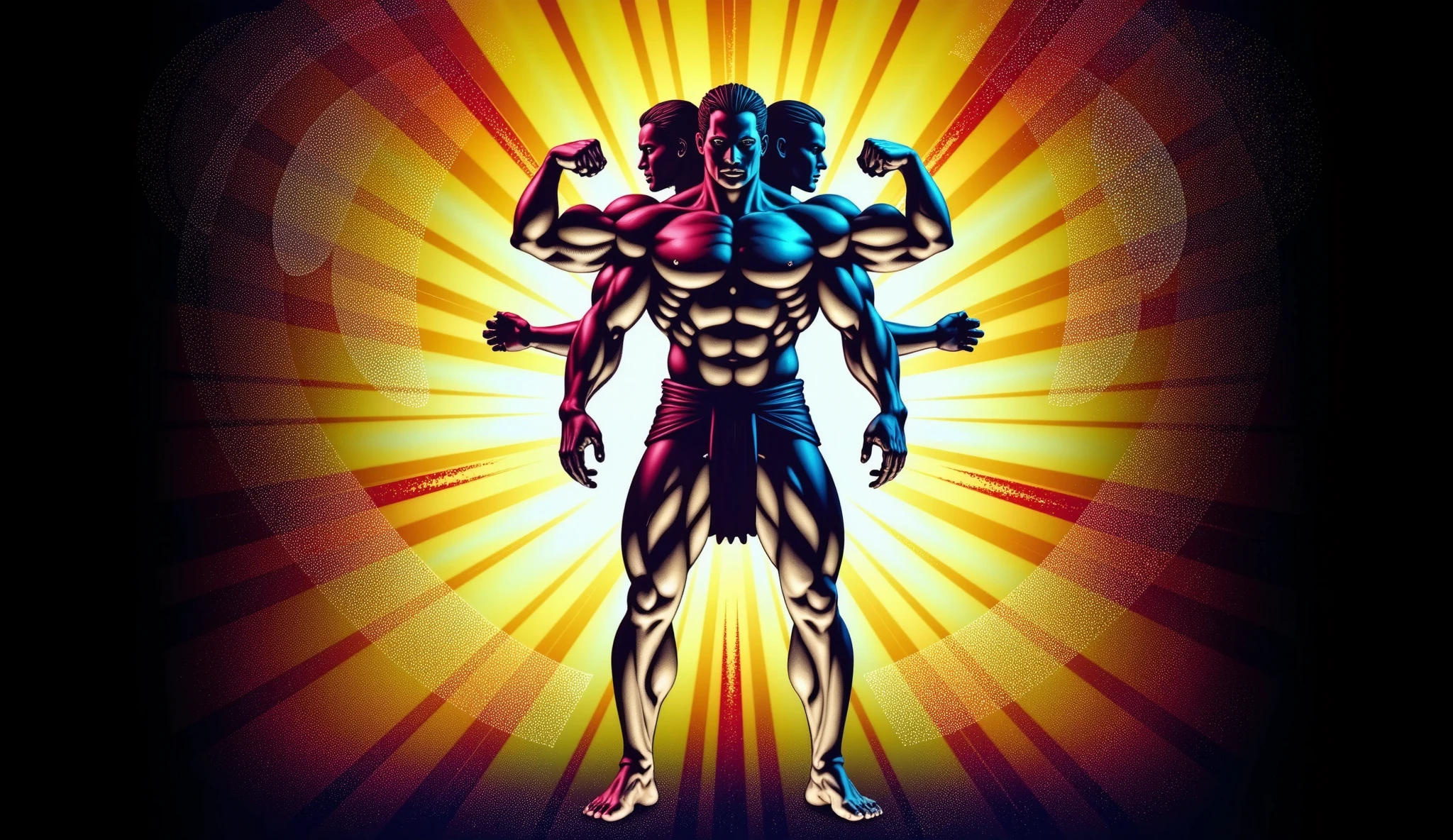 PERFECT HANDS, CORRECT ANATOMY. Epic, realistic and cinematic scene: the mythological giant Geryon stands imposingly, with two strong legs and three torsos perfectly joined at the waist. From the waist up, he appears as three warriors back to back, each with two muscular arms. Silhouetted against the light, high contrast. Ultra-realistic, high resolution, realistic texture.