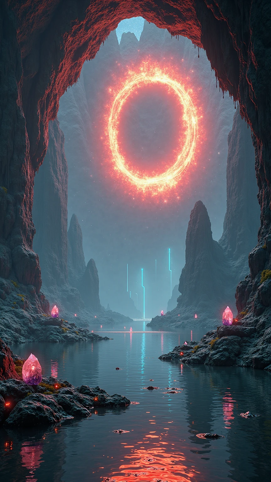 an awe-inspiring otherworldly cavern-framed lake vista featuring a massive glowing cosmic portal ring pulsating with fiery reds and molten oranges suspended in a star-dappled sky above jagged distant spires and crystalline rock formations reflected in the mirror-like water beneath an ancient cavern archway framing the scene with rough-hewn stone pillars and dripping stalactites encrusted with luminescent moss and bioluminescent fungi, digital art medium rendered as hyper-realistic cinematic fantasy concept art utilizing physically based ray tracing global illumination and volumetric light scattering composition framed in an ultra-wide 16:9 panoramic full-frame shot from a low-angle water-level perspective emphasizing immersive depth and leading lines drawn by scattered glowing orbiform crystals along the shore, lighting featuring dramatic volumetric shafts from the portal’s inner nebula blending with cool azure backlighting from crystalline spire glints and subtle warm amber rim light on cavern walls accented by delicate lens flare bloom and slight chromatic aberration at highlight edges, color palette dominated by obsidian blacks molten reds ember oranges electric cerulean blues and violet nebula accents contrasted by soft emerald green bioluminescent highlights, mood evoking surreal cosmic wonder epic mystique and haunting beauty, ultra-high-definition 8K UHD clarity with intricate microtextural detail of water droplet ripples, micro fractal star-pattern reflections, swirling mist ribbons, reflective wet stone textures, drifting motes of cosmic dust, slight motion blur on falling water droplets, simulated as a RAW full-frame sensor capture with precise photometric calibration