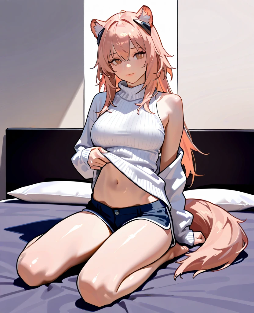 [nazuna hiwatashi], [Uploaded to e621.net; (Pixelsketcher), (wamudraws)], ((masterpiece)), ((HD)), ((high res)), ((solo portrait)), ((full body)), ((front view)), ((feet visible)), ((furry; anthro)), ((detailed fur)), ((detailed shading)), ((beautiful render art)), ((intricate details)), {anthro fox girl; pink fur, black nose, (cute red eyes), (long eyelashes), (luffy pink tail), (long pink hair), (two toned hair), (hot-pink tips on hair), (sharp white nails), (curvy hips), (beautiful legs), (beautiful feet), (blushing), (cute smirk)}, {(grey tee shirt), (black yoga pants), (pink leg warmers)}, {(sitting on couch), (hands in lap), (looking at viewer)}, [background; (living room), (window), (clouds in sky), (blue sky), (sun rays), (ambient lighting)]