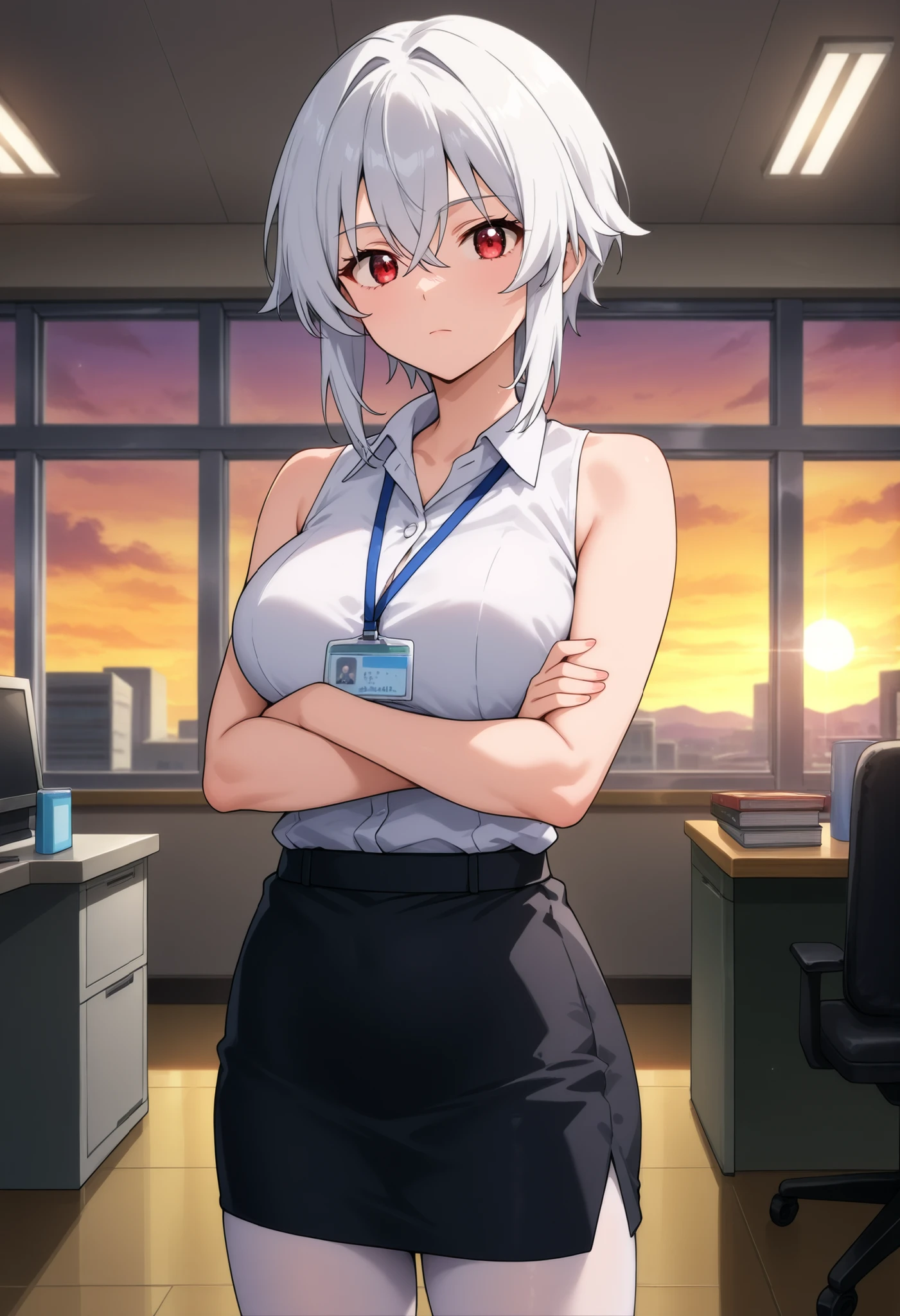 higurashikira, anime screencap, anime coloring, cowboy shot,
1girl, solo, tall female, toned female, white hair, very short hair, crossed bangs, short sidelocks, red eyes, large breasts,
office lady, white sleeveless collared shirt, id card, black pencil miniskirt, white pantyhose,
looking at viewer, expressionless, crossed arms, standing,
indoors, office, sunrise,
(masterpiece, best quality, absurdres, highres, newest, very awa, year 2024:1.2)