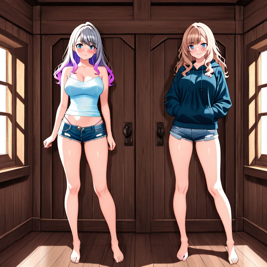 2D Anime Style、Blue eyes、Adults、breasts are slightly larger、Blonde Shorthair、Cool and beautiful woman、full body Esbian、urbane、Undressing、Thighs are visible