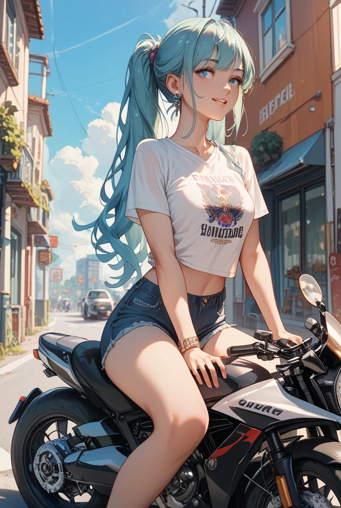 nsfw, anime screencap, 16K, perfect anatomy proportion body, perfect hands, action, A dynamic composition with a sense of speed and movement, (open cockpit, Ride a big bike:1.6), a wife, 40age, perfect beautiful delicate sexy face, perfect beautiful delicate drooping eyes, blue hair, updo, large breasts, abs, Wearing an elaborate chainmail breastplate and loincloth, Many shirtless people wearing loincloths in the background, Desert Battlefield, war, Post-apocalyptic,