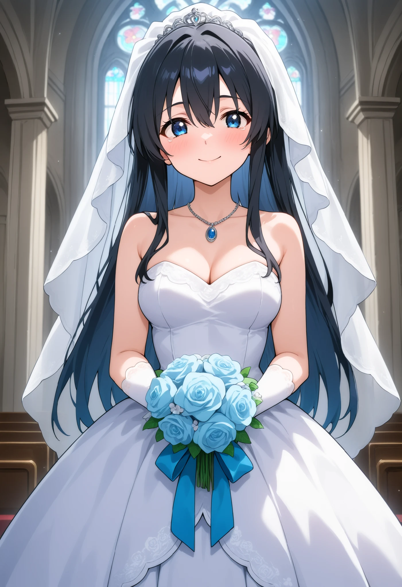 higurashikira, anime screencap, anime coloring, cowboy shot,
1girl, solo, medium female, toned female, black hair, long hair, bangs, hair between eyes, long sidelocks, blue eyes, medium breasts,
white wedding dress, blue pendant necklace, white bridal veil, white bridal gloves,
looking at viewer, happy tears, smile, holding bouquet, standing,
indoors, cathedral, noon,
(masterpiece, best quality, absurdres, highres, newest, very awa, year 2024:1.2)