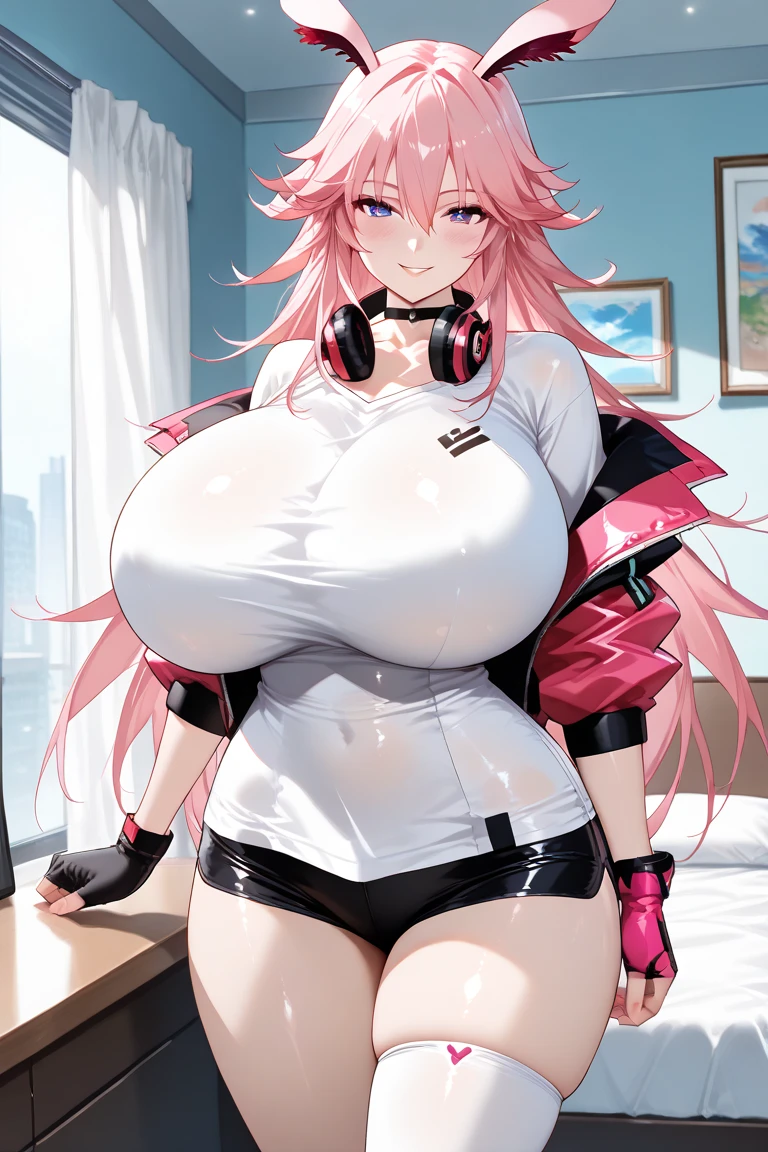 black headband, fake animal ears, Mecha Musume,
pink hair, Long hair tied low, Taladro Sidelocks, pink eyes, breast trimming, pink dress, huge breasts, braid,
living room, standing, SMILE, teeth, blushing, looking at the viewer, head on,
evening, peace symbol,