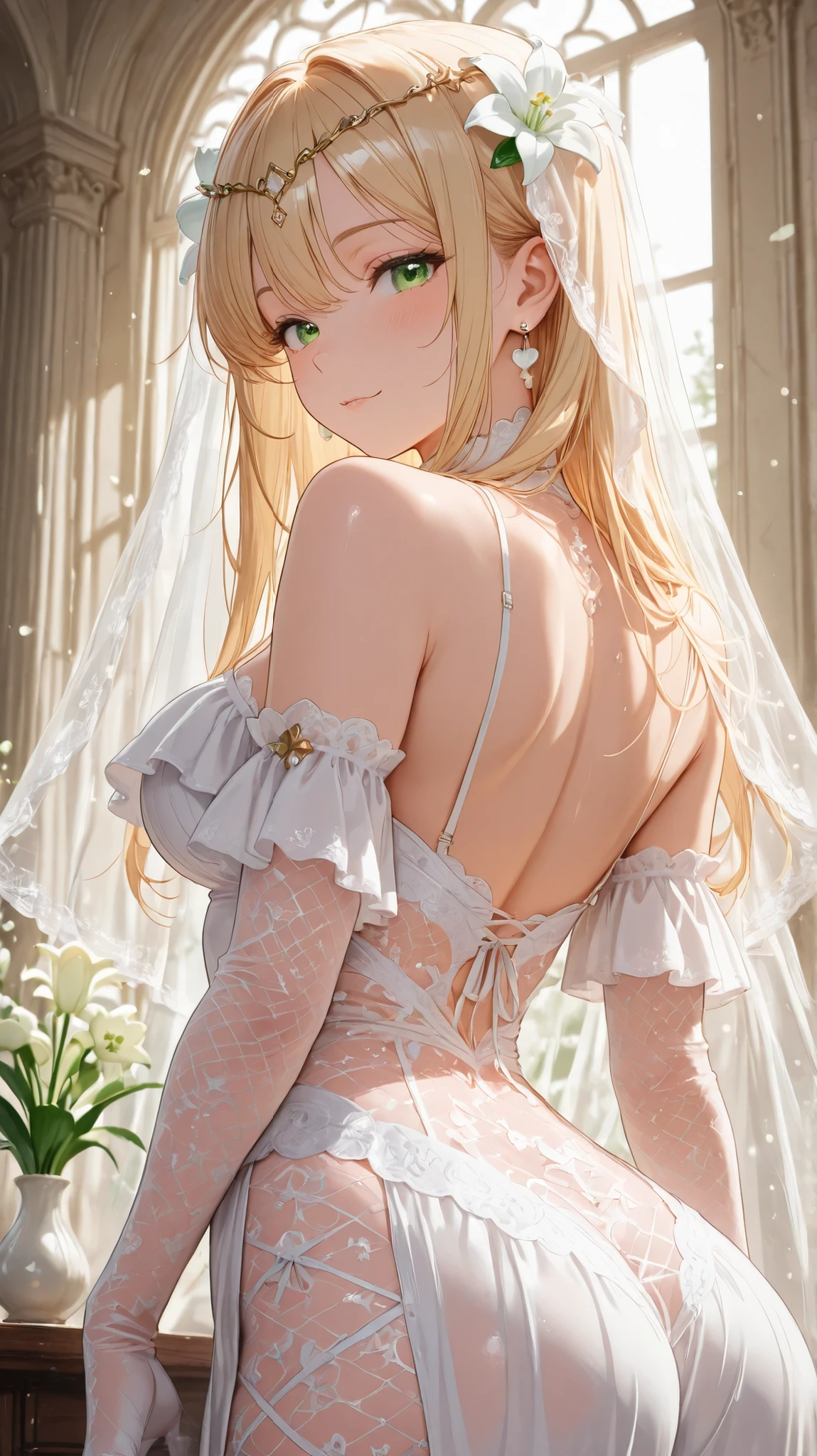 masterpiece、Highest quality、blonde、Shortcuts、White flower corsage、blush、woman、Big Breasts、turn around、sword、I can see your back、(White Wedding Dress)、White flower scenery inside the castle、(Short ruffled skirt)、Like a bride、Very detailed、One person、smile、The face is Zeta、Armor only on shoulders、Natural Hands、White skin、Accentuate your butt、8K、Two arms、I can't see the pants、