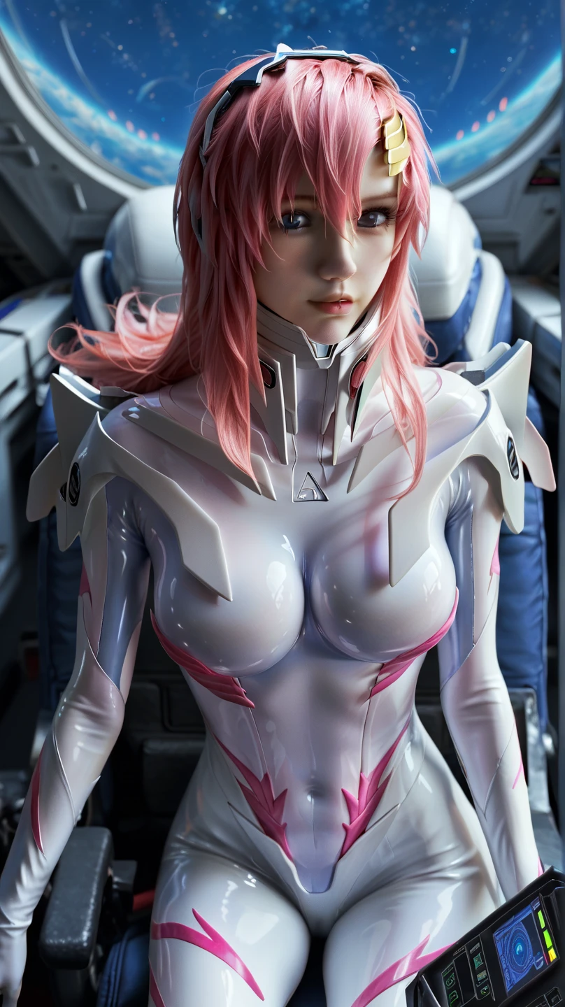 (masterpiece, best quality, ultra detailed, absurdres)1.5, 1girl, (sexy, beautiful woman, perfect face, perfect eyes, perfect female body, huge breasts)1.5, (zerotwo, horns, hairband, white bodysuit, white gloves, armlet, mecha, long hair, pink hair, blunt bangs, <lora:zerotwo-nvwls-v1:0.8>), (standing, inside a mecha cockpit), perfect lighting, smooth, hdr