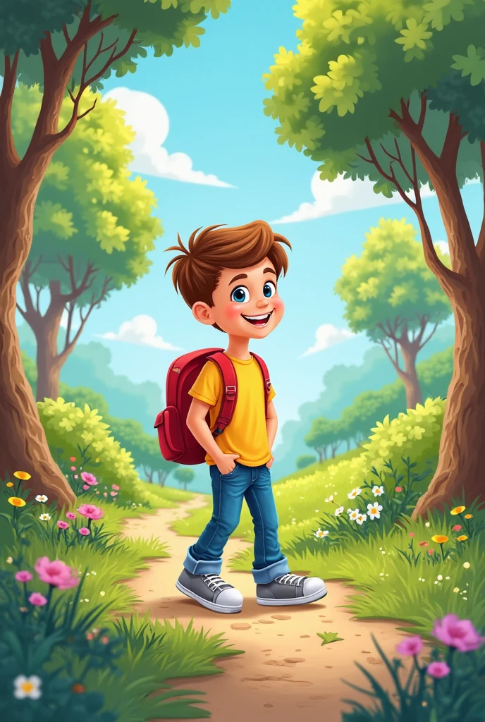 A cartoon of a young man walking in a park