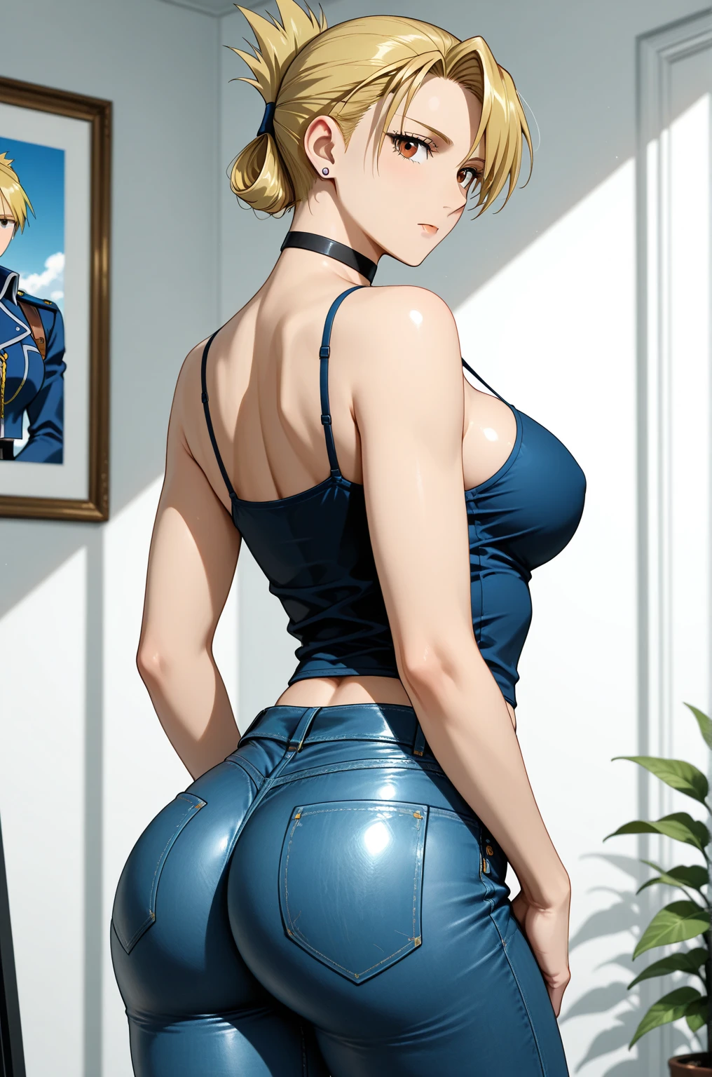 unparalleled masterpiece, ultra realistic 8k CG, perfect artwork, (1girl:1.1) , solo, ((perfect female figure)), (nsfw), looking at viewer, mature female, bimbo (android 18) standing, (teasing), best quality:1.1 , seductive posture, sexy pose, alluring, (beautiful), (curvy), (thick), blonde hair, (blue eyes:1.2), short hair, earrings, jewelry, denim vest, open vest, black pantyhose, black shirt, denim skirt, striped long sleeves, blue skirt, toned legs, fit, (abs:1.1), (big butt:1.4), peach ass, (athletic body:1.2), (large breasts:1.3, (big_breasts:1.1), wide_hips:1.5, narrow waist, small waist:1.5, slender body:1.2, thick thighs:1.3), (shiny skin:1.2), (hdr), (street:1.2), Nikon D850 film stock photograph Kodak Portra 400 camera f1.6 lens, rich colors, lifelike texture, dramatic lighting, unreal engine, trending on ArtStation, by Gerald Brom, by Frank Frazetta, by Luis Royo, by Julie Bell, by Boris Vallejo