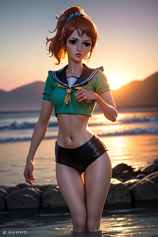 cute redhead woman in twin tails, multiple rainbow colored hair, sky-blue eyes, happy, Ukrainian, petite, pale skin, wearing a green metallic color bikini, post apocalyptic background, bleak barren desert, photo realistic woman. --auto