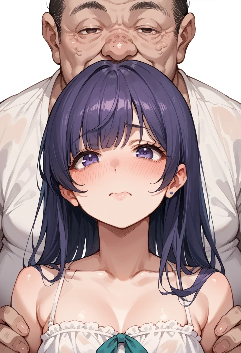 (masterpiece:1.2),(anime)、1 cute girl、((Full nudity))、Black Hair、Blunt bangs、Straight Hair、smile、Large Breasts、((Open your mouth wide and stick out your tongue、Drooling))、(Kneeling)、From the side、To look up at the man、Blowjob、penis、男性のpenisを舐める、Hearts float、Embarrassing、Ecstasy face、Sweat、Cumshot、Semen splatters