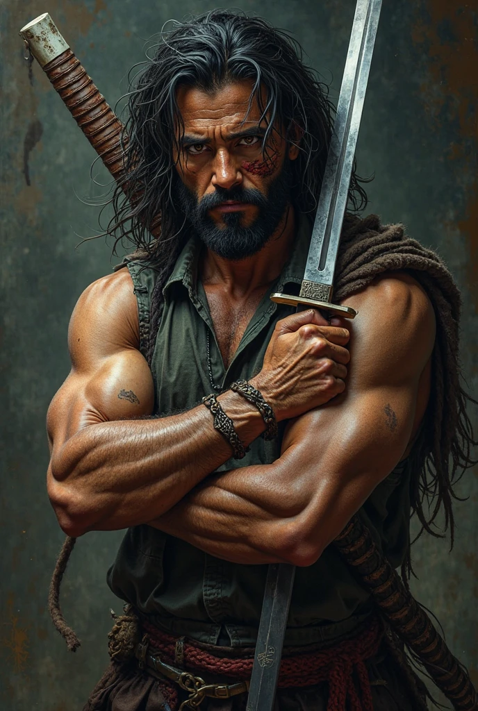 3d cartoon A man with six pack muscles,, black_hair, with wrist sword weapon, muscular, holding a red sword standing straight, looking ahead seriously, on the cloudy foothills