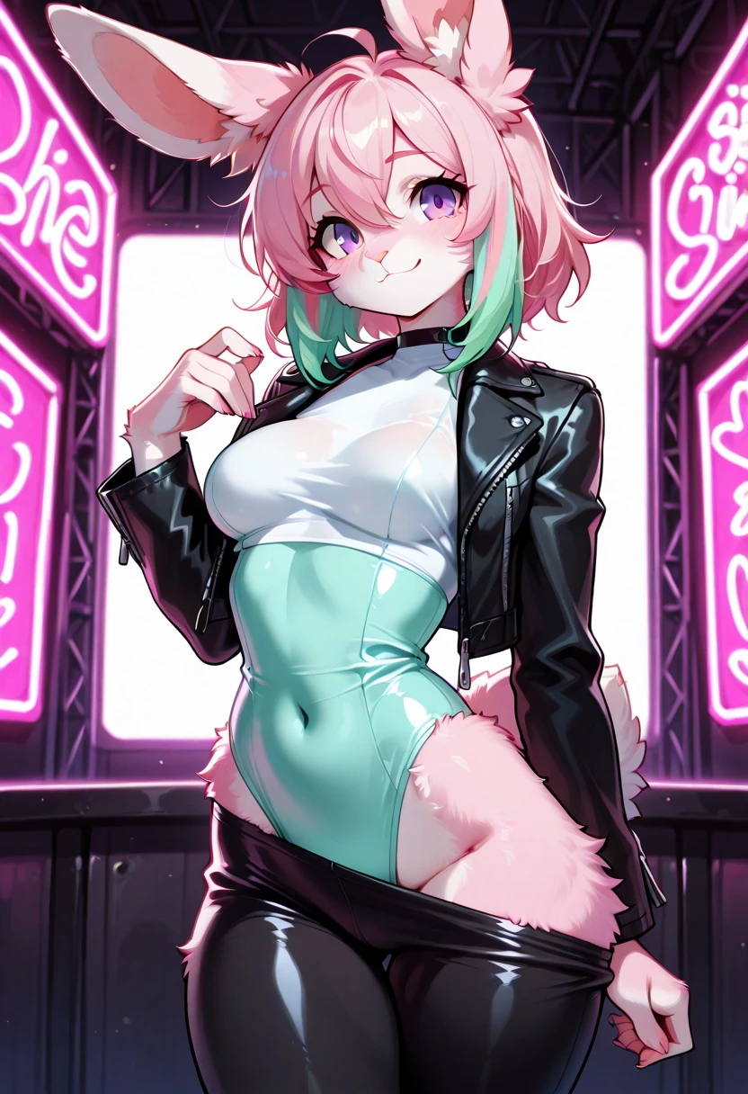(masterpiece), best quality, expressive eyes, perfect face, 4K image, Ultra HD, (high detail), Maximum sharpness, Bright colors, 1 girl, skinny, solo, looking at the viewer, blush, pop idol, mini bikini, pink-blue hair, medium hair, stockings, cat ears, heart pupils, camera flashes, on stage, microphone behind the ear