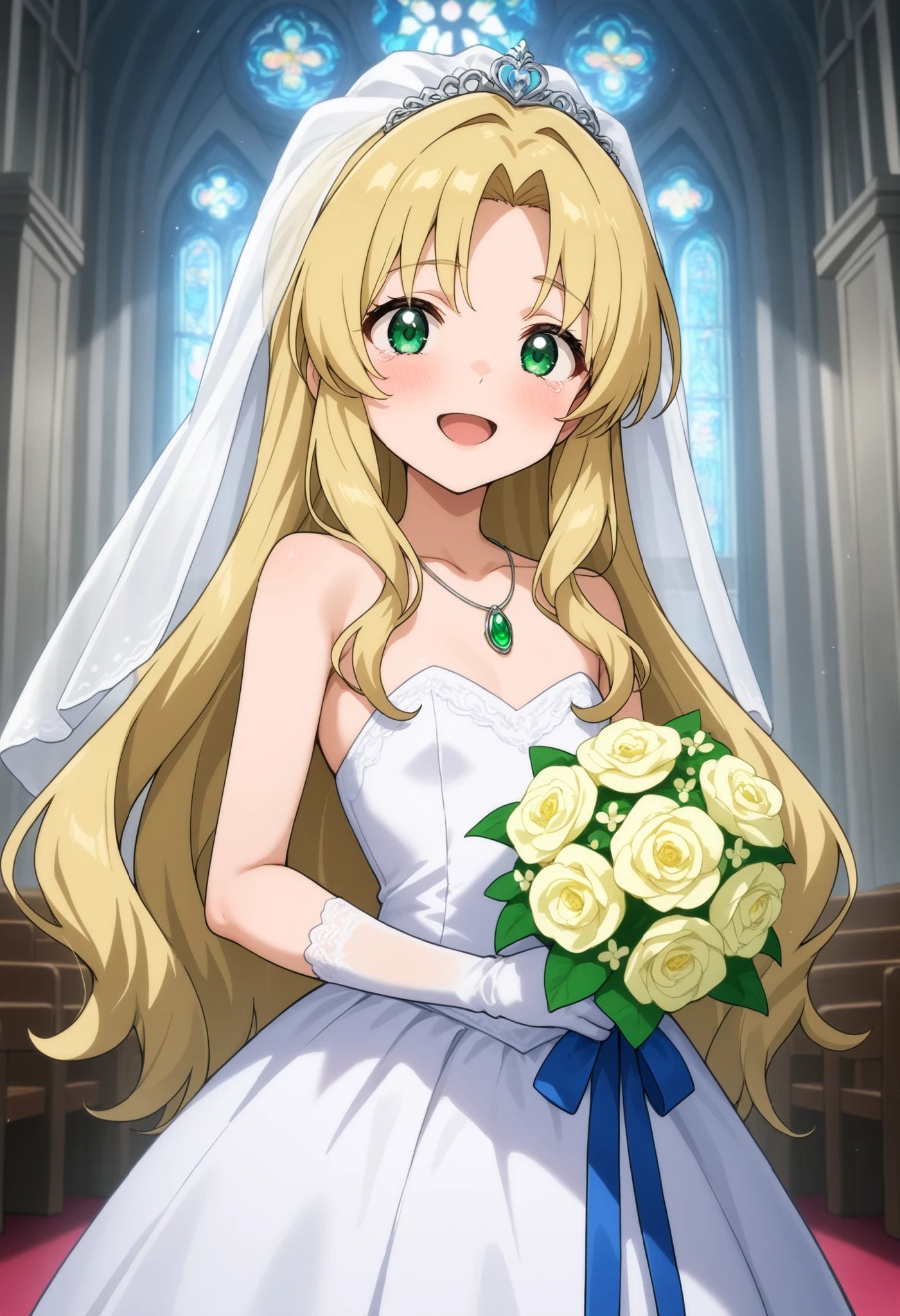 masterpiece, best quality, highres, wedding dress, white dress, garden, holding bouquet, confetti,Shoulder Bare、midriff peek、bare legs、very long veil、(She showed off her white panties:1.5)、((Glowing Skin:1.2))、cameltoe、smile、morino korisu, long hair, blonde hair, (red eyes:1.3), very long hair, (bright pupils:1.5),,, Detailed eyes