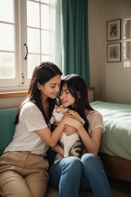 A beautiful woman playing with a cat on the bed