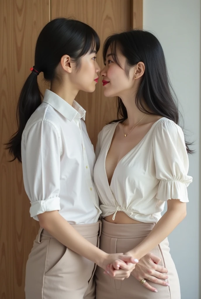 (10、RAW photography、top-quality、master-piece:1.2)、(Reality、real light:1.37)、超High resolution、deep depth of field、caustics、FujifilmXT3 Film、master-piece、ultra-detail、(2 Girls In)、Ages 16 and 28、lesbian、Shinjuku's Neon Street、nighttime、Night view of the city building、Sweat pants、Panjira、tapering、Sexy navel、(((Small)))、[Big butt]、[Thick waist]、blonde blonde hair、Stripes、Tiny faces、cowboy shot、camel toes、The shape of the pubic area is clearly visible,,、Erotic、สุนัขตัวเมีย、Dark Sunton Line、dark skin、Dark bleached lines、Naughty look、bumps that protrude from clothes;,,,,、Anatomically correct human structure、Areola Show Pass、from the side、master-piece, bestquality, ultra realistic, hyper-detail, 8k resolution, RAW photo, crisp focus, (2 girls in a café), ((Navy blue shirt:1.1)), short sleeves, Long Track, Perfect body, 2 mature women, 18yo, cinematic light,Sweatpants ,Gym Wear, 2 girls kissing in the kitchen, Realistic, lesbian,Blue sweatpants with pink trim, Blue sweatpants