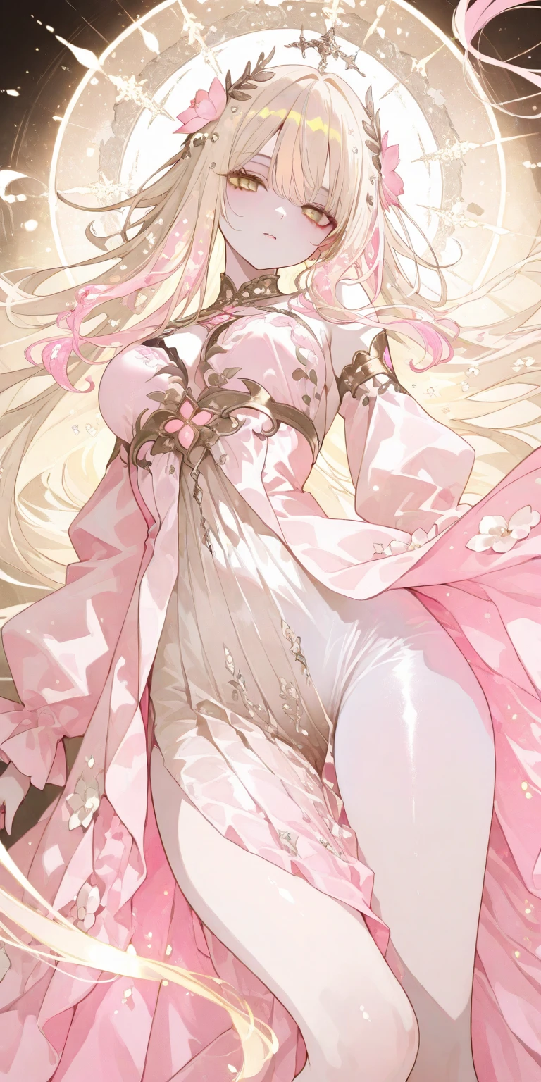 highest quality, 32k, RAW Photos, Unbelievably absurd, Very detailed, Delicate texture, beautiful, Slim and sharp face, Hit the knee, Wearing a translucent rainbow robe, Obscene language, Side braided hair, Metallic red eyes, Best body shape, pastel colour, background (Fractal Art, Art Design, Roses， Falling petals and gold dust:1.3)