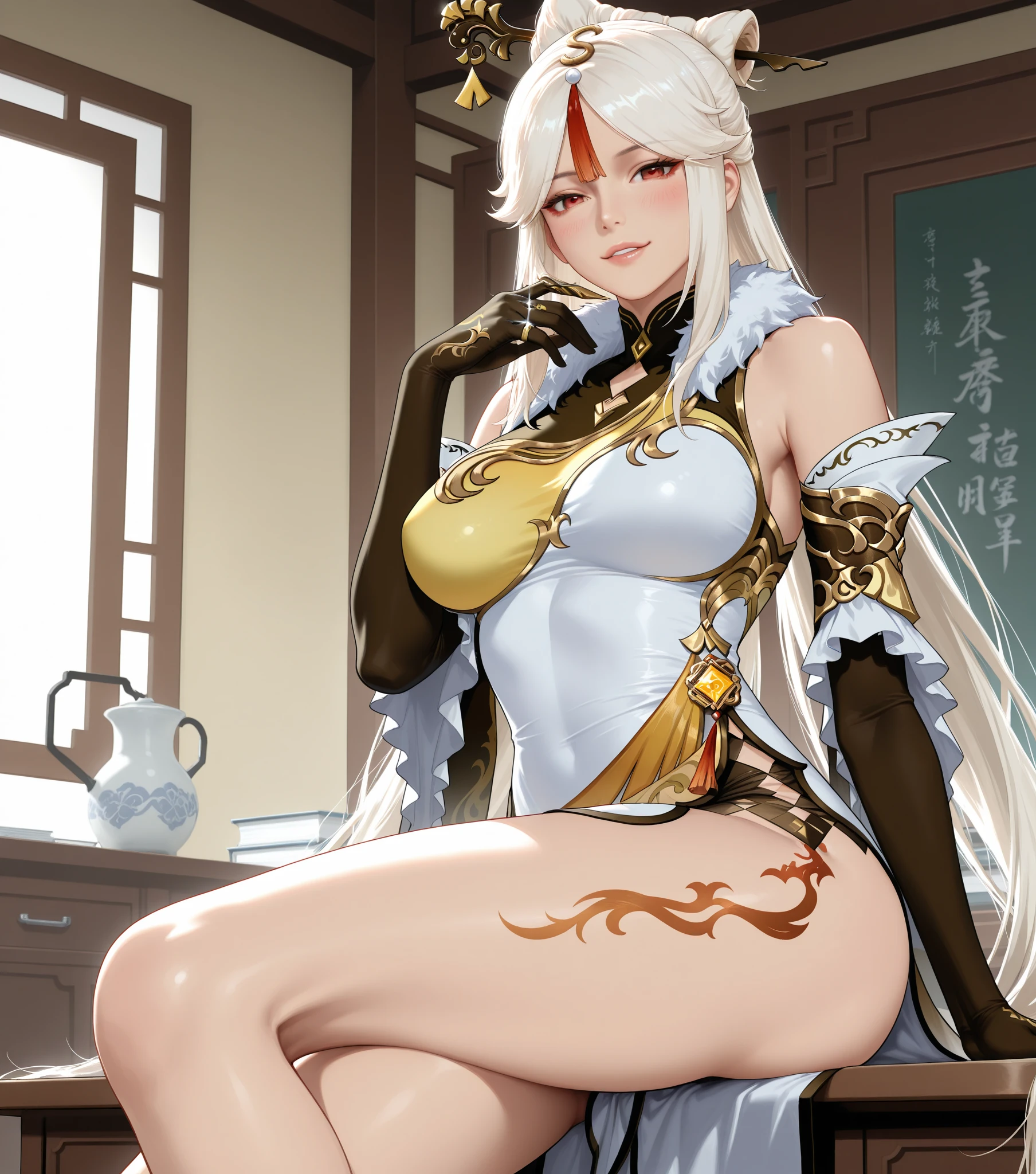 ph4nt0m01l, realistic, score_9, score_8_up, score_7_up, erotic portrait, chinese room, kneeling, bent foward, from above
ningguang \(genshin impact\),, 1 girl, solo, blush, medium_breasts, smile, soft smile:0.1, ((white and gold china dress)), black elbow gloves, hair stick, red tassel hair ornament, high heels, detached sleeves, tight fit, curvy, medium breasts, (sagging breasts:0.5), white pussy hair, sweaty feet:1.4, wet, dripping with sweat, spreading pussy, sweat drip from the feet in the high heels,, extreme sweat shine, perfect feet, steamy feet:1.8., smelly feet, steaming body:1.5, black high heels, removed, feet just taken off from the high heels, steaming heels:1.6, filthy high heels, removed high heels on the floor, perspective, detailed, high quality, droplet of swet, sweat drips on the floor