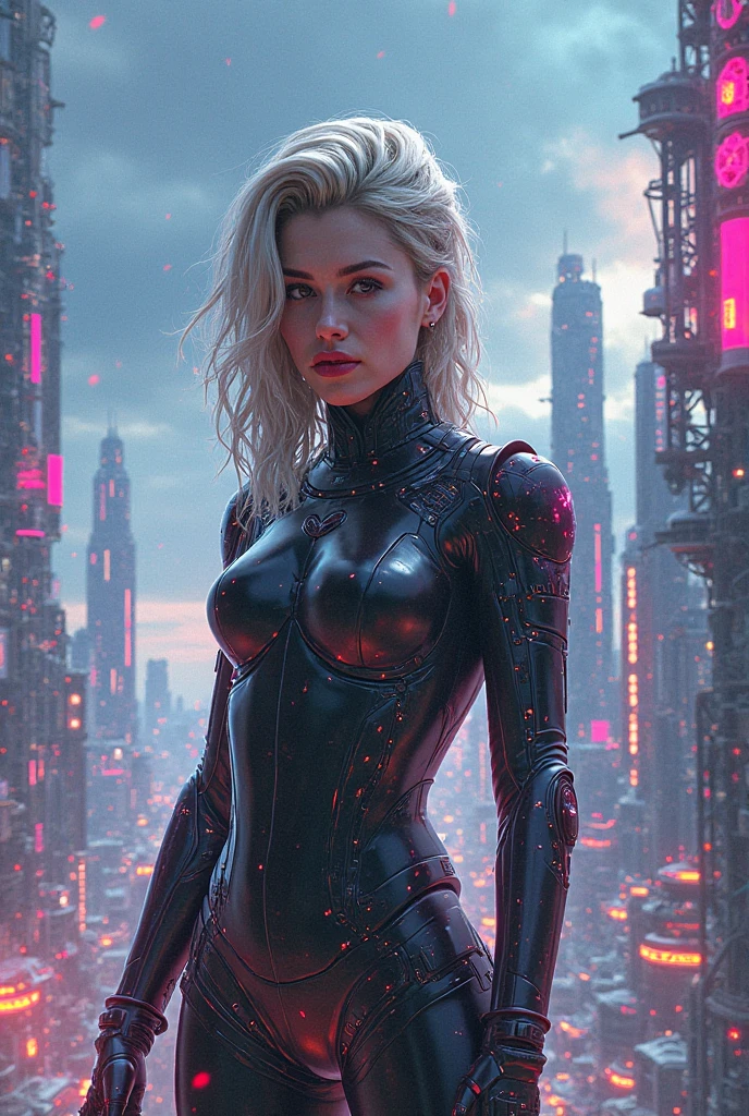 Keep the armor futuristic technology. You do NOT have to wear a helmet. I want it to be seen that it is a female human person maintaining the futuristic work. Place it in a city with RTX neon highlights. The character must be facing forward with his hand waving, smiling. Make the image lighter and the background darker. Blonde hair character. Image from the character&#39;s hip. 