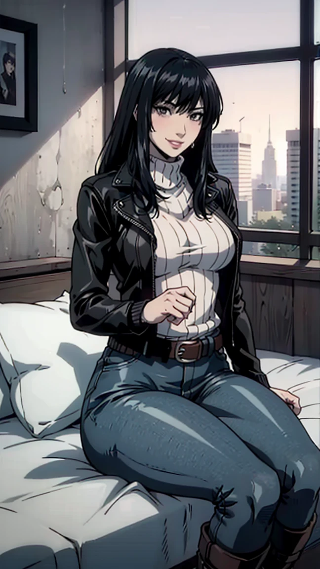 beautiful woman, straight black hair, sitting in a bedroom, at night, raining, wearing a long sweater, (solo), realistic