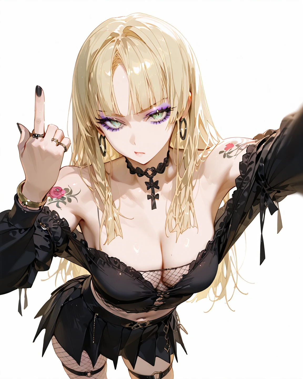 kayahara, 1girl, solo, blue eyes, jacket, smile, hair ornament, looking at viewer, breasts, bare shoulders, bangs, hairclip, off shoulder, sleeveless, skirt, black jacket, hand on hip, open jacket, cowboy shot, v, nail polish, open clothes, blonde hair, blue nails, grin, black skirt, long sleeves, yellow nails, jewelry