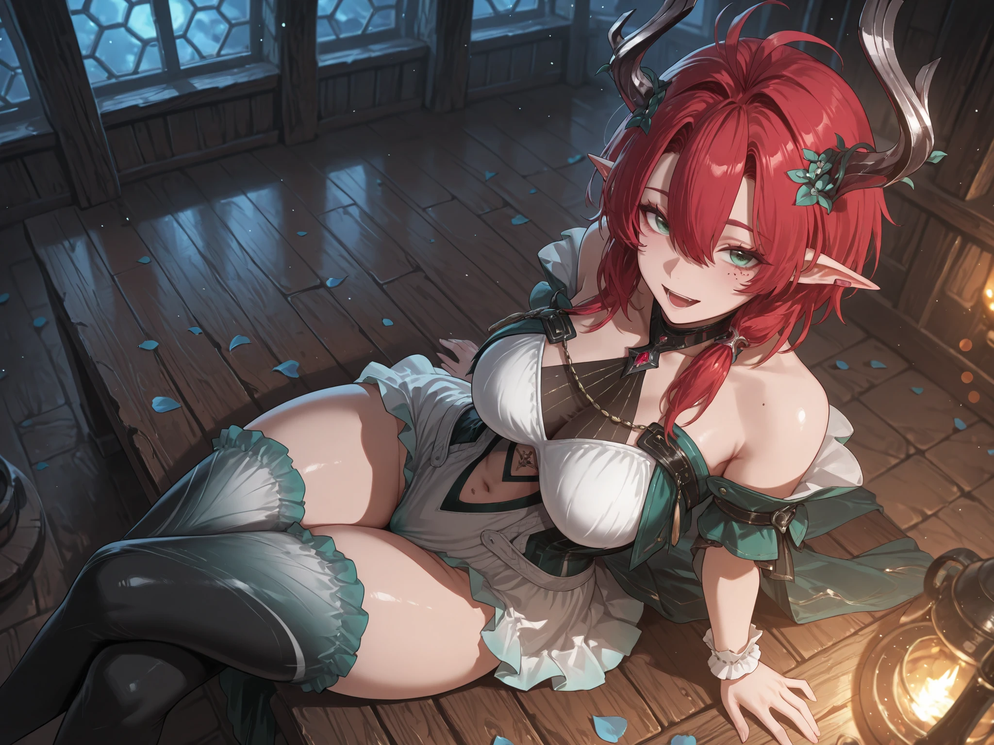 1girl,breasts,censored,cleft of venus,clothes lift,huge breasts,long hair,no panties,pointy ears,pussy,red hair,skirt,skirt lift,thick thighs,thighhighs,thighs,yellow eyes