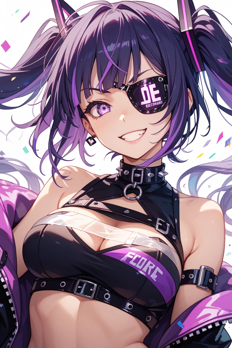 detailed face, woman, mohawk with shaved sides, bright gradient hair, goth makeup, alt, outdoors, abandoned street, collar, perfect breasts, rainbow jacket, rainbow bra, bright eyes, grin, head tilt, eyes closed, closed eyes, blush, blushing