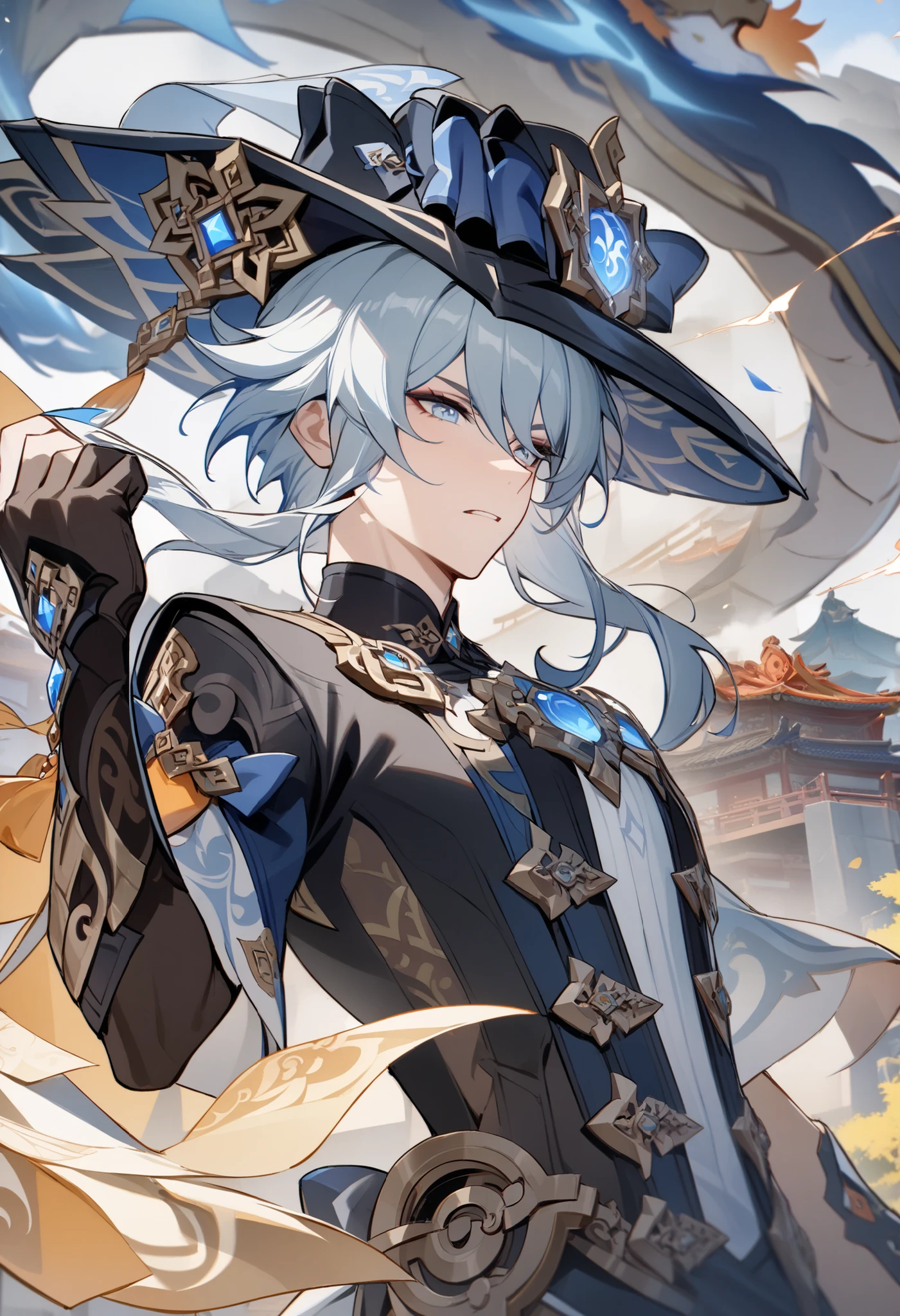 one boy, employment, masterpiece, Chinese dragon, feature, Genshin Impact, male, Thunder element, upper body