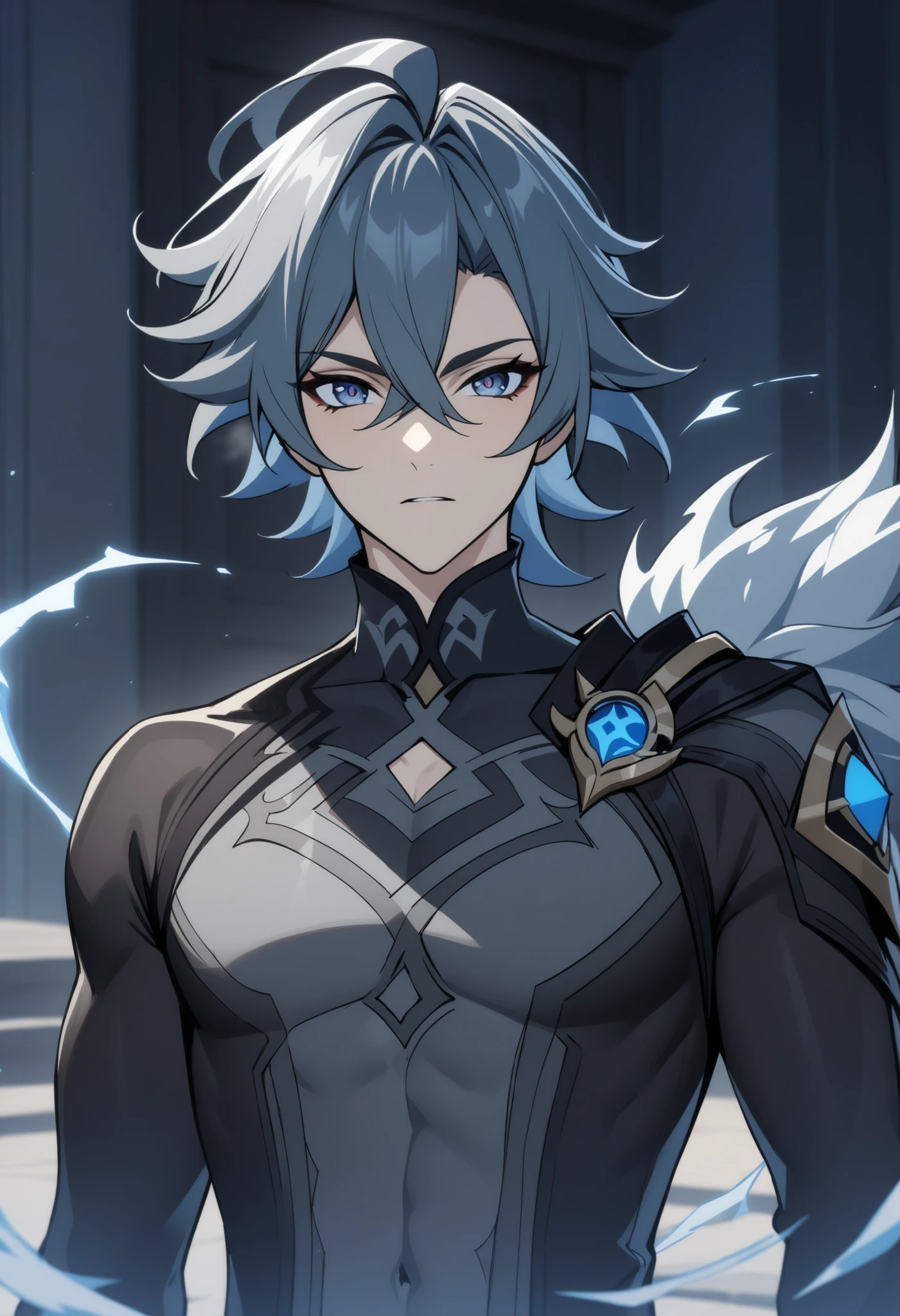 one boy, employment, masterpiece, feature, Genshin Impact, male, Thunder element, upper body, gray colors, looking at you