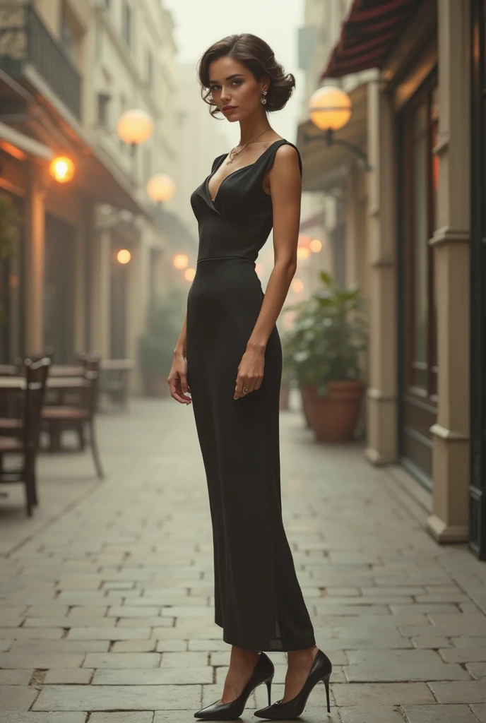 (photorealism:1.2), beautiful asian, 45 years old, full body, black sleeveless dress, short dress, hair in bun, front, black stockings, black heels