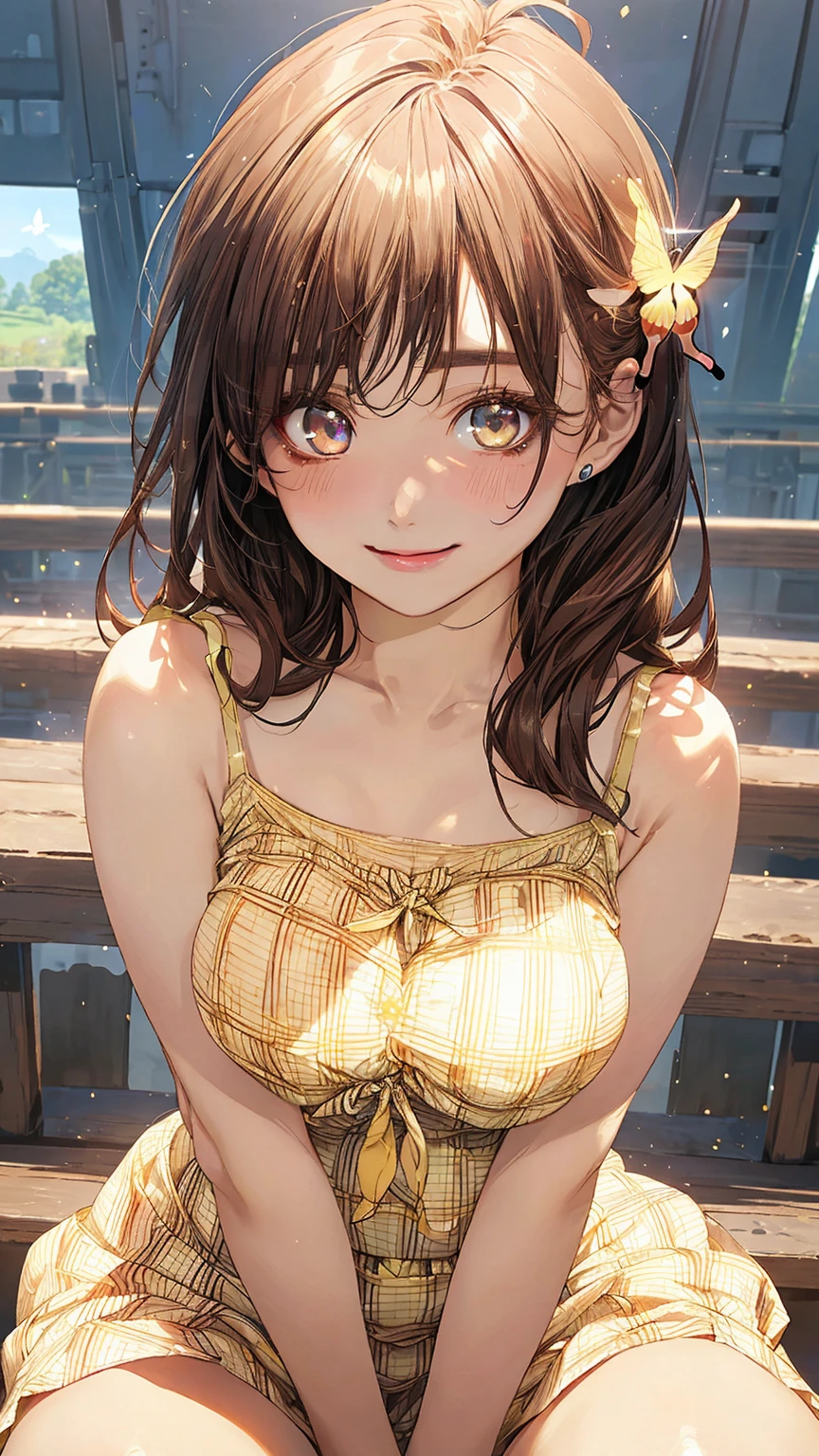 (masterpiece:1.2, Highest Quality), (realistic, photorealistic:1.4), beautiful illustrations, (natural light, cinema lighting),
Staring at the Audience, upper body, (front view), (1 girl:1.5), Japanese, cute girl, perfect face, cute symmetrical face, shiny skin, baby face sitting in POV, Tie your bangs back, red eyes, long lashes, (medium chest), (wide waist:1.3),thighs are plump,beautiful hair, beautiful face, fine and beautiful eyes, beautiful collarbone, beautiful body, beautiful breasts, Beautiful Thighs, beautiful leg, beautiful fingers,( beautiful scenery ),(cute smile, Upper eyelid), girl, (Light yellow,organic cotton thick checkered summer camisole dress: 1.5), (Big Headed Butterfly々Knot Same Pattern:1.5), (Fluffy Semi Long Hair,brown hair), summer,シャワーを浴びる裸のgirl,white skin,pink nipples,