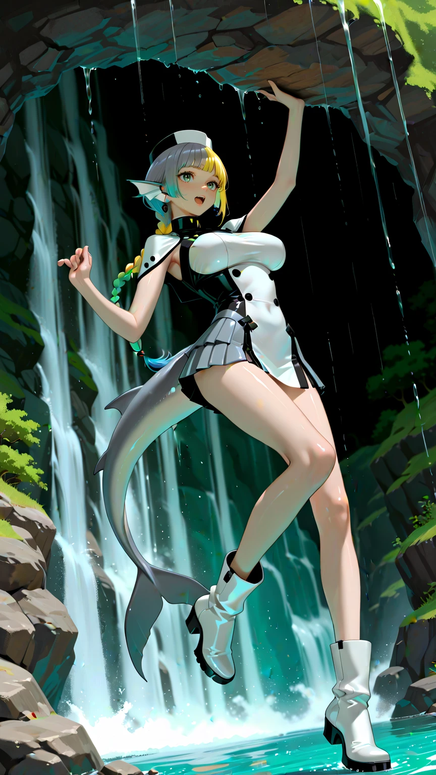 There was a woman in a straitjacket standing in the water, closeup fantasy with water magic, nymph in the water, white hair floating in air, Asian Woman Water Elemental, , Anime girl walking on water, dramatic magic floating pose, unreal engine rendered + A goddess, Small ripples of fallen leaves on the surface of the water,inverted image,stuning fantasy 3 d render, Narcissus skin is natural, 8K UHD, High quality, filmgrain, Fujifilm XT3