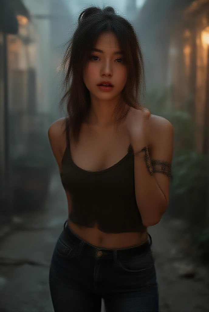 (Leaning against a wall pose, front view: 1.3), (landscape photo: 1.4), RAW UHD portrait photo of a woman, (serious face: 1.2) (Red short hair: 1.0), (Small Breasts: 1.5), (confident expression: 1.4), (black Leather Jacket), Background is a Graffiti Wall, deep Blue eyes with high detail, (perfect anatomy: 1.5), (sunset time: 1.5), (cool light mood and tone: 1.5), (shadow light: 1.6).