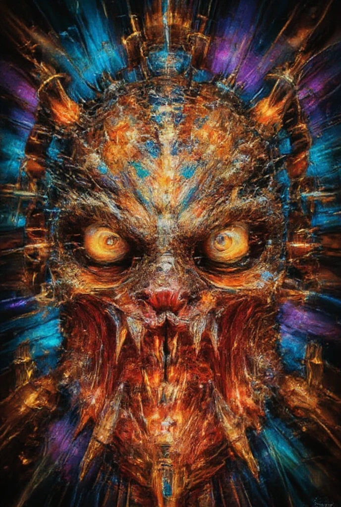 In a realm drenched in ((swirling colors)), a terrifying monster prowls. ((Eyes of molten red)) stare, piercing the night. Its (elongated limbs) twitch and writhe like serpents, reaching out to ensnare its victims. Shadows dance and contort, taking on (((malicious shapes))) that flicker and fade. The ground pulses with an otherworldly energy, ((amplifying terror)). ((Malevolent presence)) that permeates the (((psychoactive surroundings))), (intricate detail) (high-res) (oil on canvas), style bse