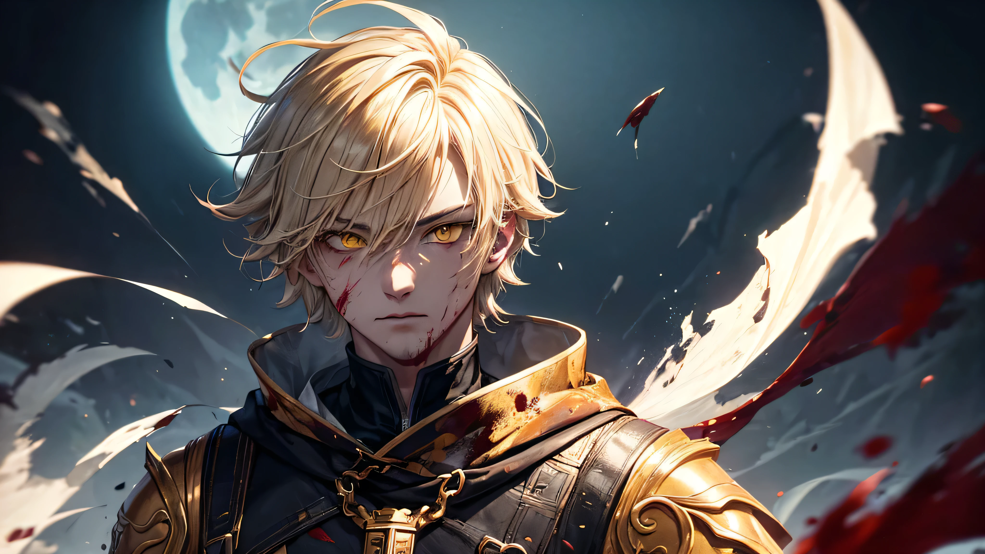 1 Male, handsome, short blonde hair, wolf ear, wolf man, (masterpiece:1.2、highest quality), (Exquisite yellow eyes: 1.2), (Detailed Background、Dark fantasy), (cool detailed face), High Contrast, (Best lighting、Very delicate and cool), ((Cinema Lighting)), white dirty cloth, blood splatter, Hyper Detail, Dramatic Light, Intricate details, serious face, moon behind (21years old, 1 boy, solo, blonde short hair, messy hair,Sharp Face, red eyes on left, hair between the eyes, Dynamic), (Blood splatter:1.4), Black light swirling around the character, Depth of written boundary, light particles, Spectacular anime style, zerochan art, Anime Wallpaper, High quality anime art style, Key Anime Art