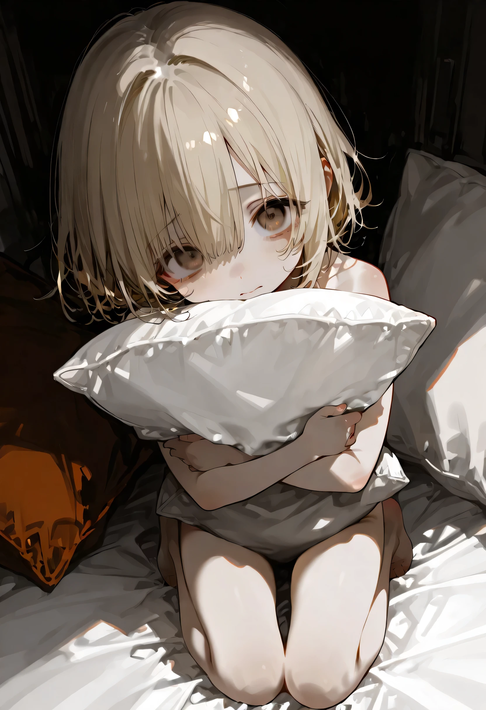 {{{masterpiece}}}, {{{best quality}}}, {{ultra-detailed}}, {illustration}, {{an extremely delicate and beautiful}},(toddler, blonde hair , chestnut brown eyes, short hair, solo,),(masterpiece, Best Quality, Very detailed, characters), hug white cushion, kneeling, semi nude, scared, looking at viewer,