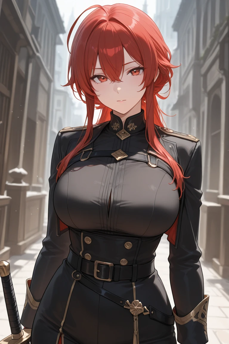 8k, hd, (masterpiece:1.2, best quality), (finely detailed beautiful eyes: 1.2), (detailed background,dark fantasy), (beautiful detailed face), high contrast, (best illumination, an extremely delicate and beautiful), white background, ((cinematic light)), (((sharp focus))), colorful, hyper detail, dramatic light, intricate details, (anime style), digital art, character sheet, 1girl, beautiful girl, anime girl,
Fantasy world, human girl, white skin, blue eyes , red hair, medium breast, busty body, athletic body, buff body, (pixie hair), ((short hair)), (shortest hair), tomboy girl,
wearing ((black tight clothes)), with red accent color, red sash belt,