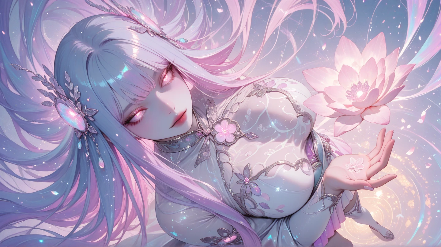 artwork, Beautiful Goddess of the Void, Under the stars in the night sky, all-white transparent clothing, Vanishing transparent band, Full body standing, Tall figures, Thin legs, Thick crotch, Breast augmentation, Facial details, Detailed details of body parts, 8K Wallpaper, (((Smooth, long white hair, Barefoot, Floating as if not touching the ground)))