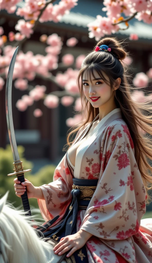 
beautiful japanese woman with big breasts in revealing kimono and katana сад сакура