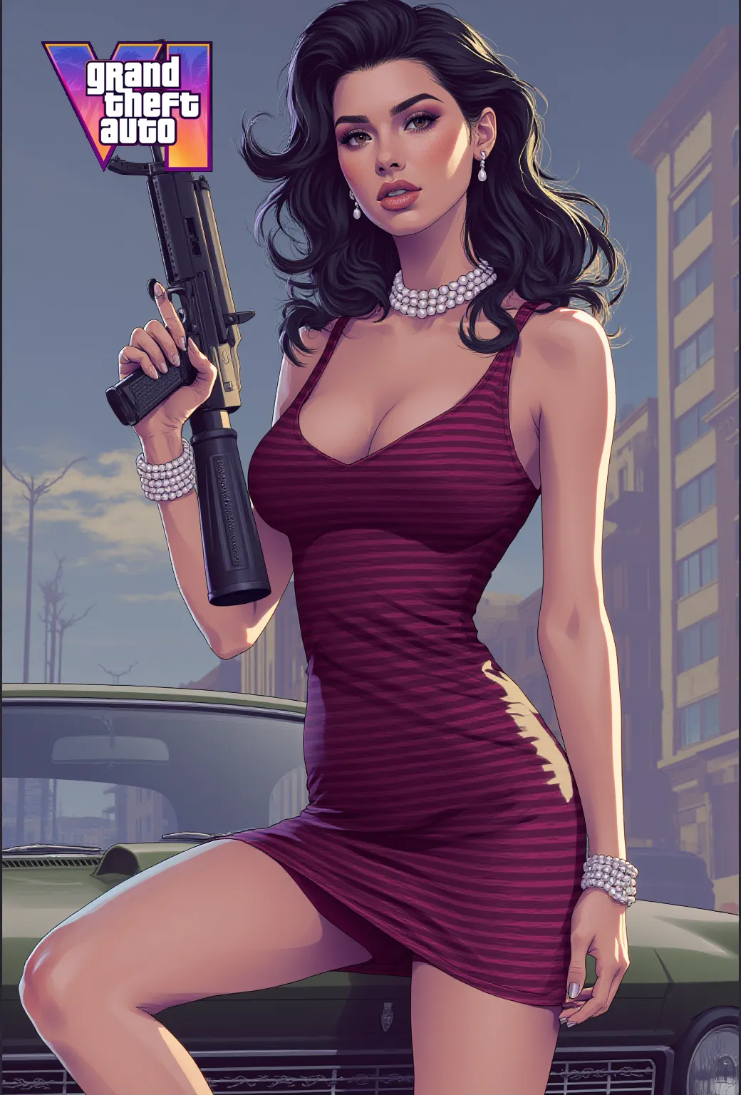 asian woman, Purple dress, Bold, big breasts, photo realistic body, Topless, with a firearm and a cigarette