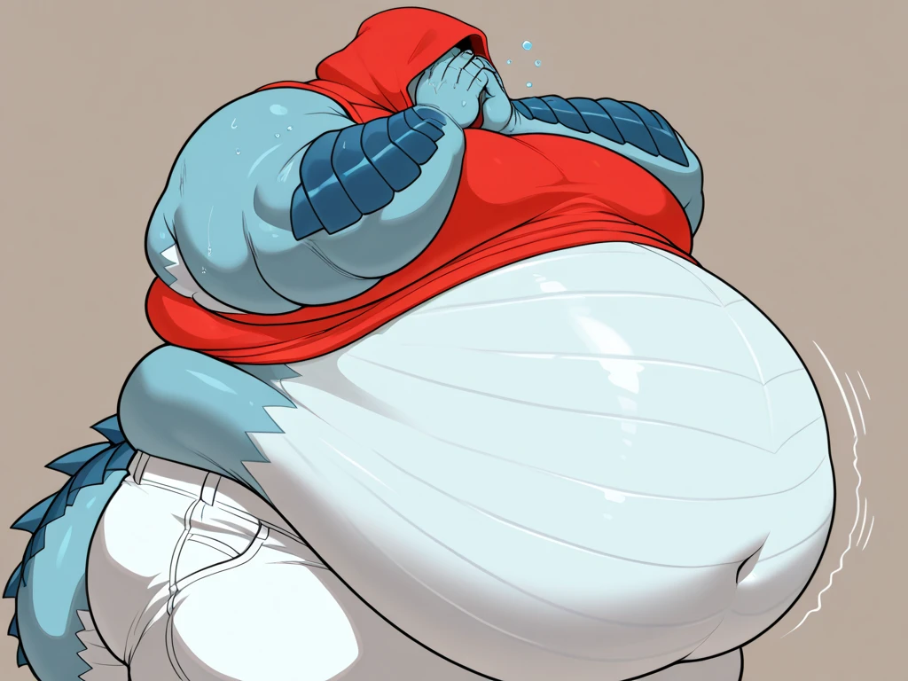 A woman she is being force fed until she bursts, she is panicked and struggling, huge swollen belly, tube in mouth, cheeks puffed out